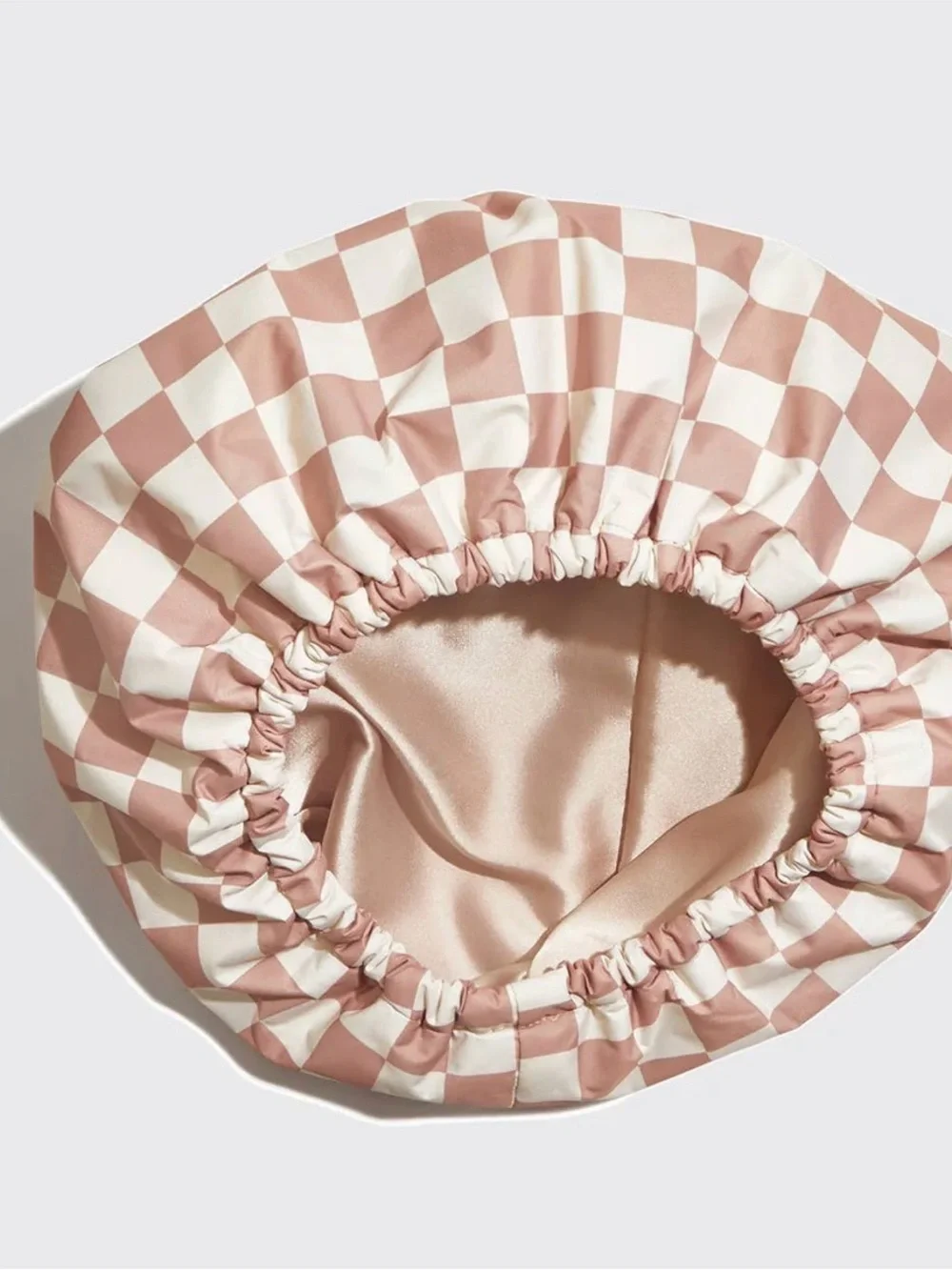 Kitsch Satin-Lined Flexi Shower Cap in Pink and White Check
